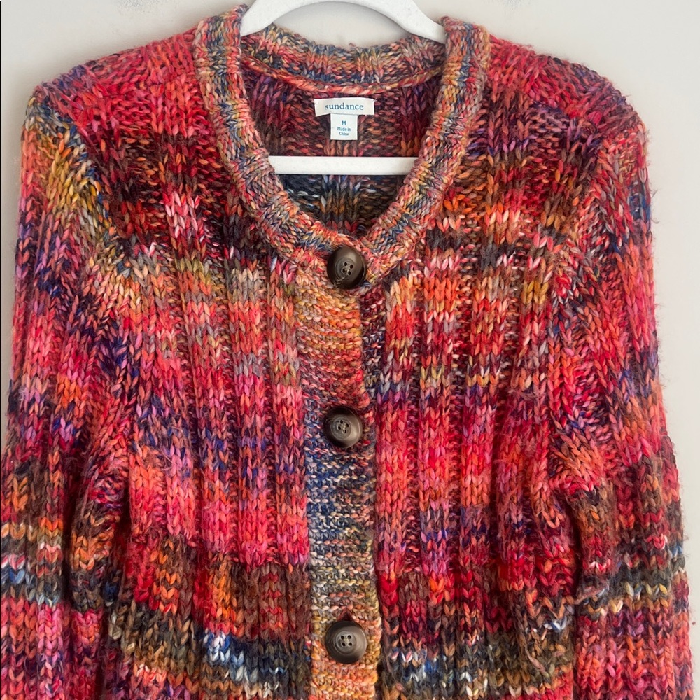 Sundance Long Chunky Knit Cardigan in Rainbow‎ Print Wool Blend Sz Medium - Picture 3 of 9